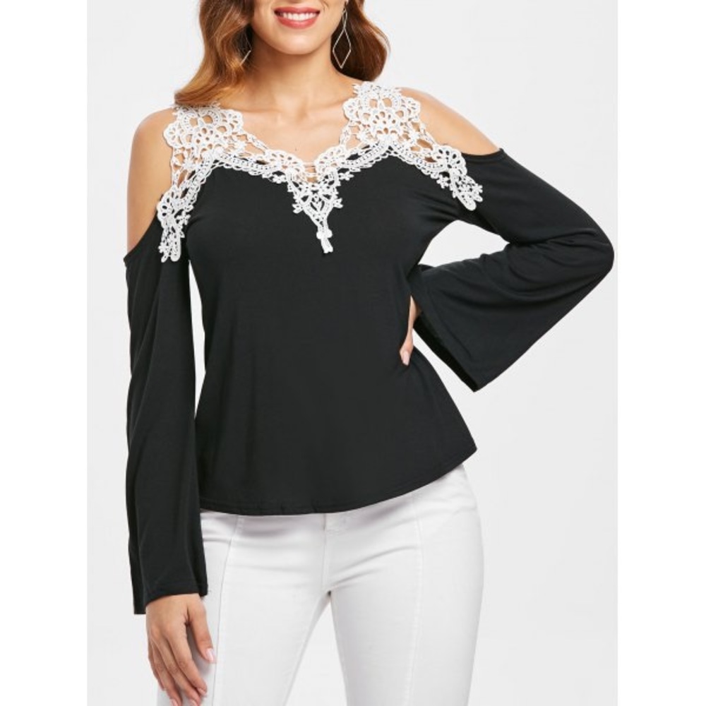 BN Crochet Trim Cold Shoulder Long Sleeve Top